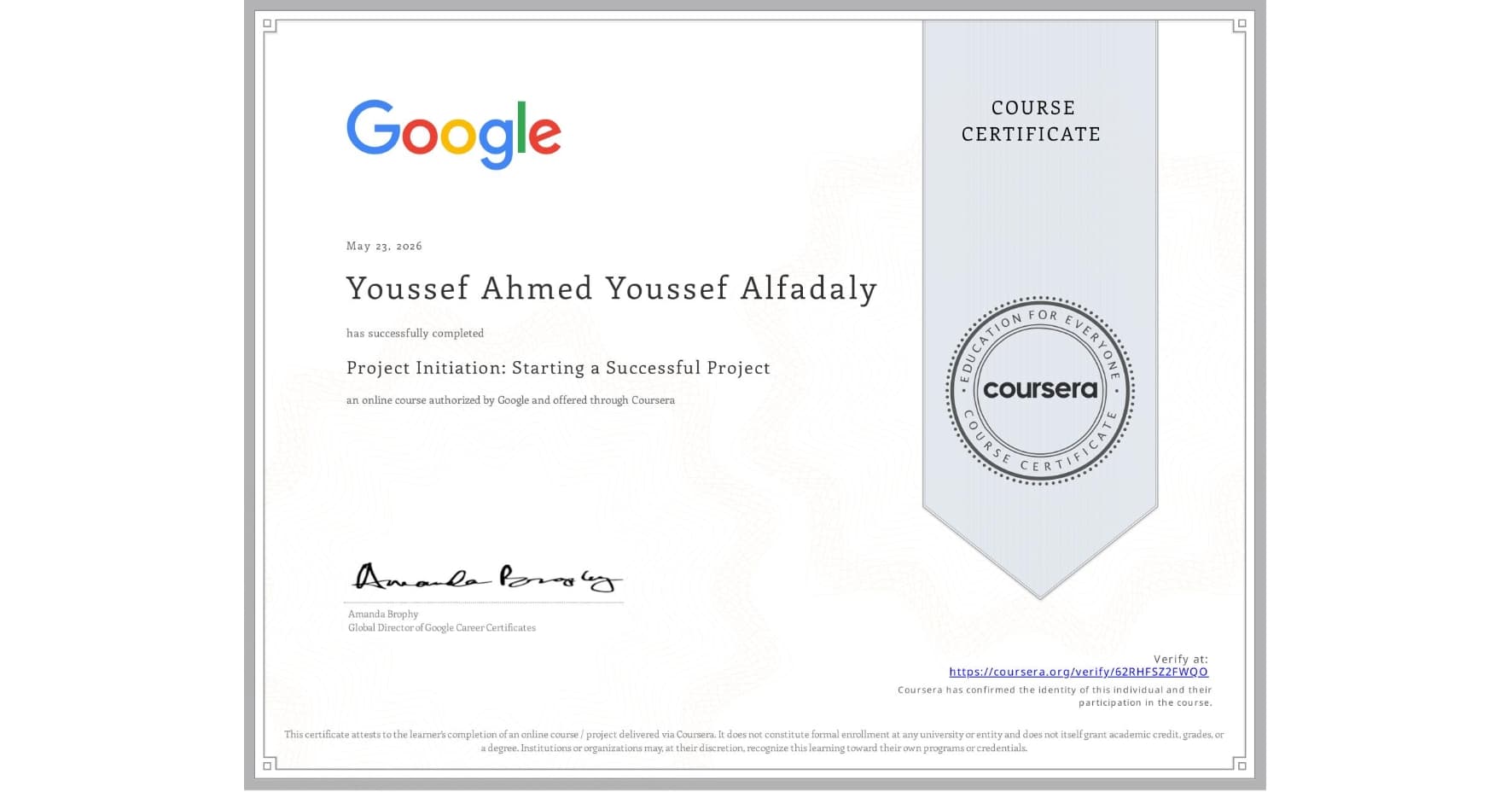 Project Initiation: Starting a Successful Project certificate issued to Youssef Ahmed Alfadaly