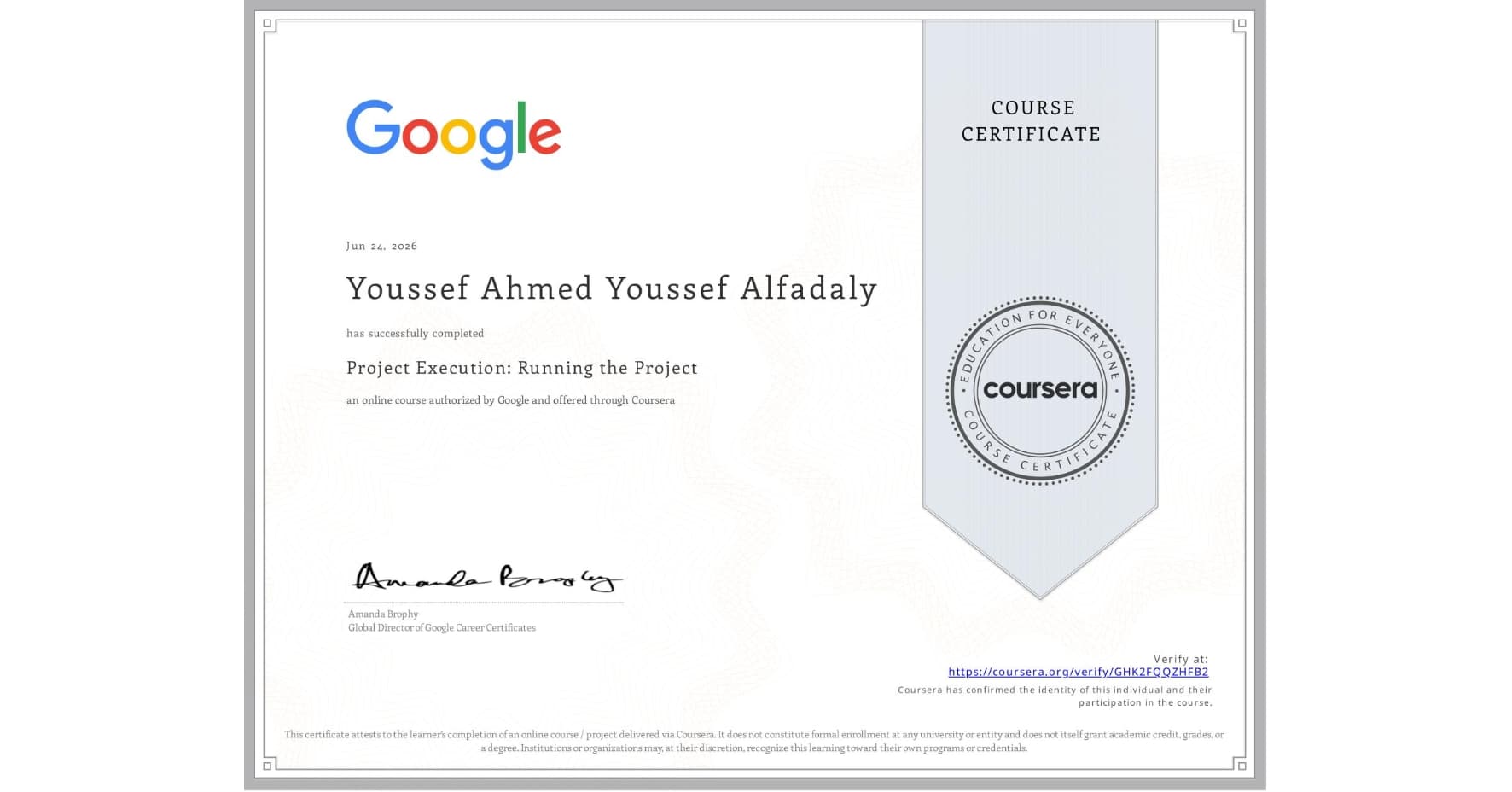 Project Execution: Running the Project certificate issued to Youssef Ahmed Alfadaly