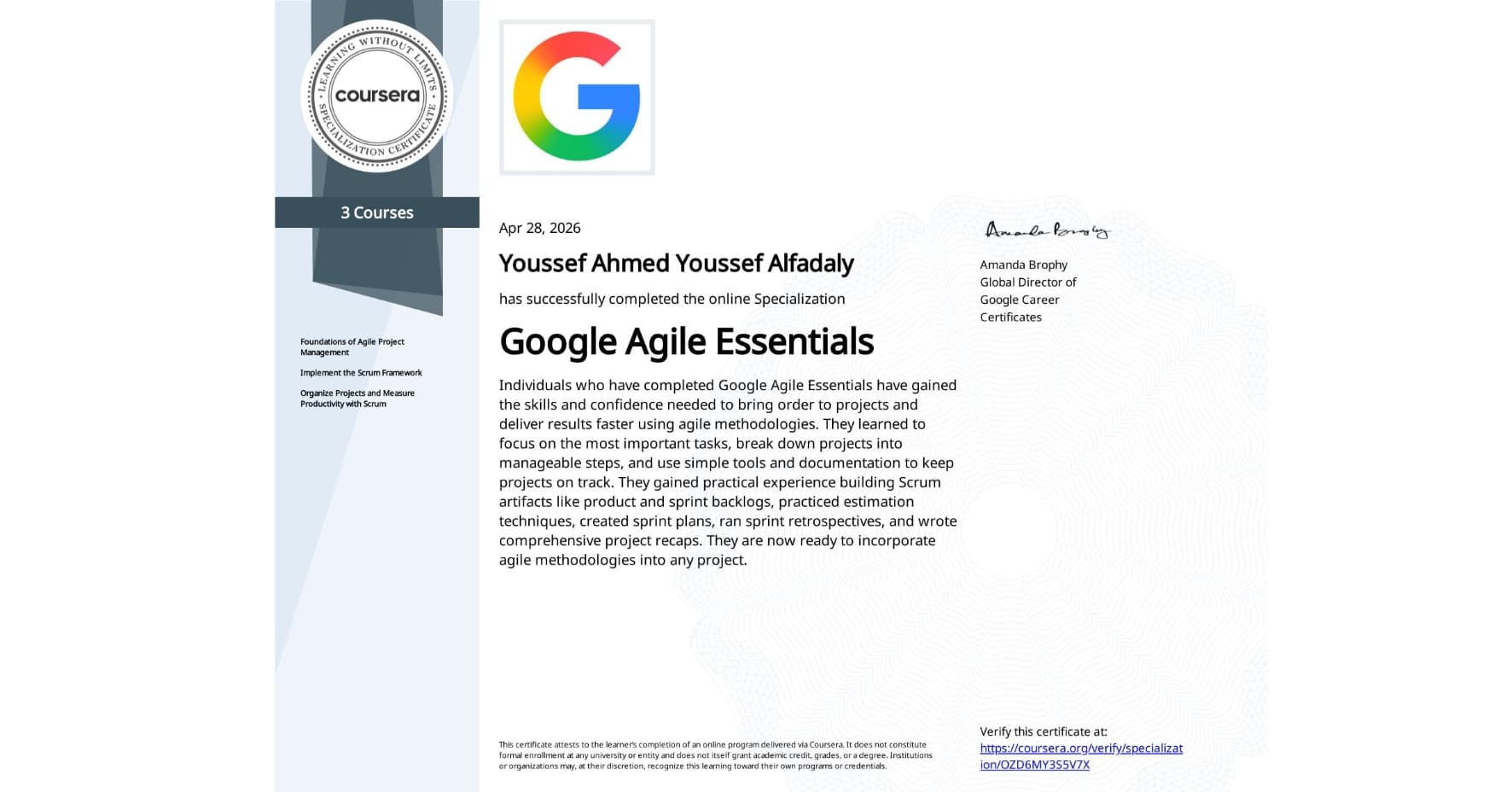 Google Agile Essentials certificate issued to Youssef Ahmed Alfadaly