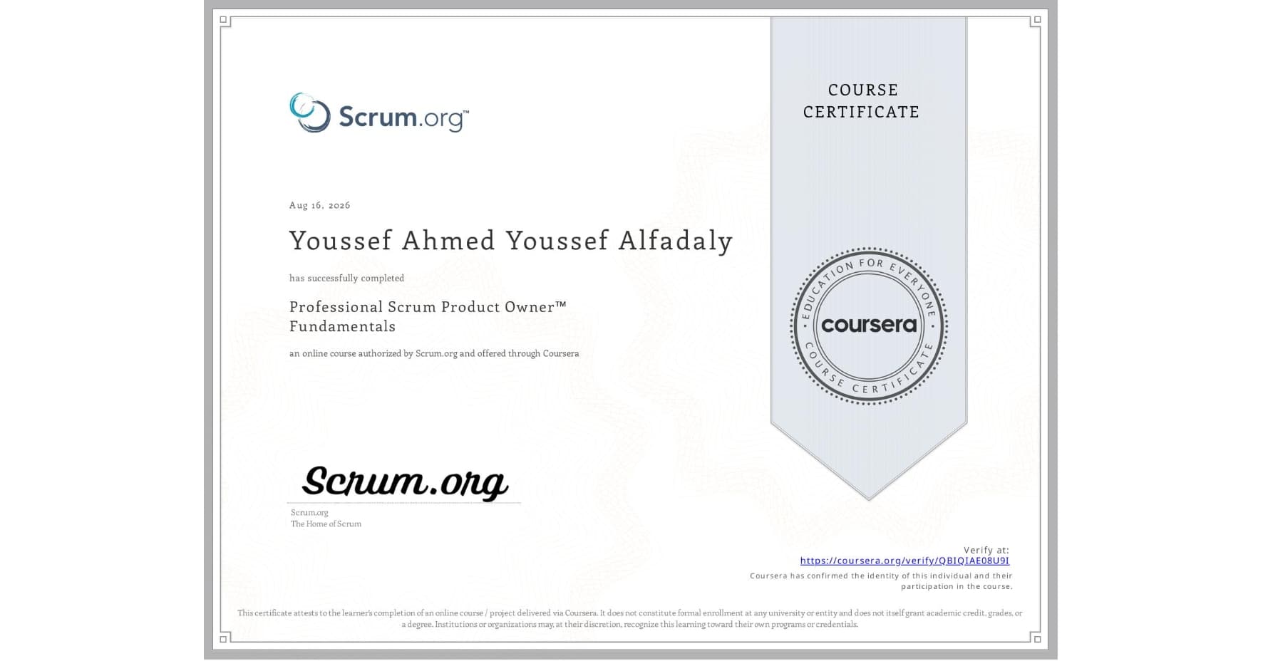 Professional Scrum Product Owner Fundamentals certificate issued to Youssef Ahmed Alfadaly
