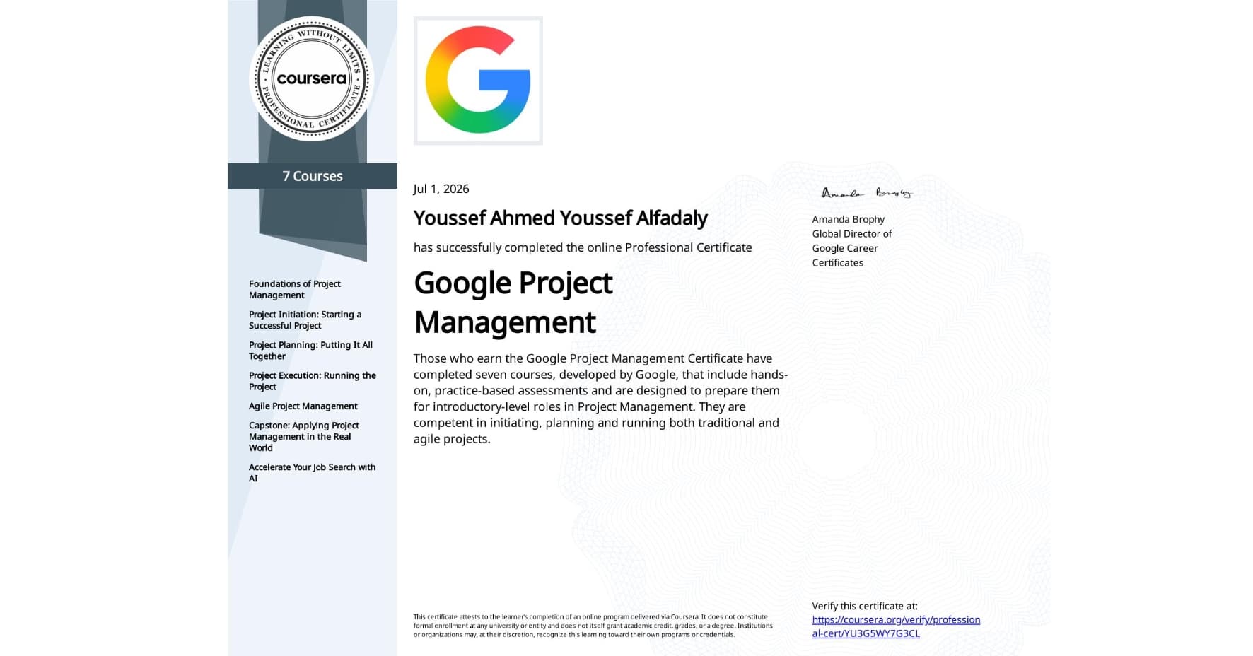 Google Project Management Professional Certificate certificate issued to Youssef Ahmed Alfadaly